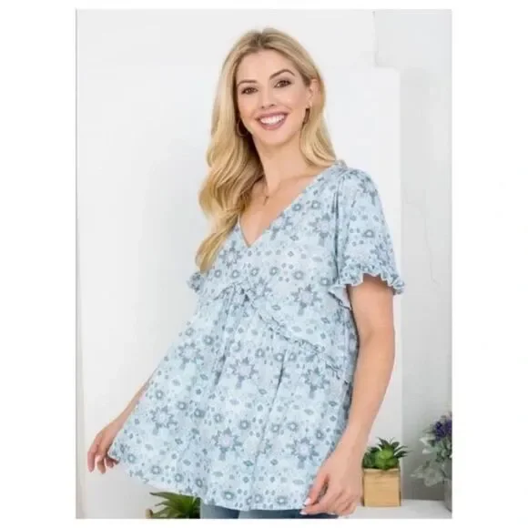 BLUE B Blue Printed Short Sleeve Drop Top - Picture 3 of 4